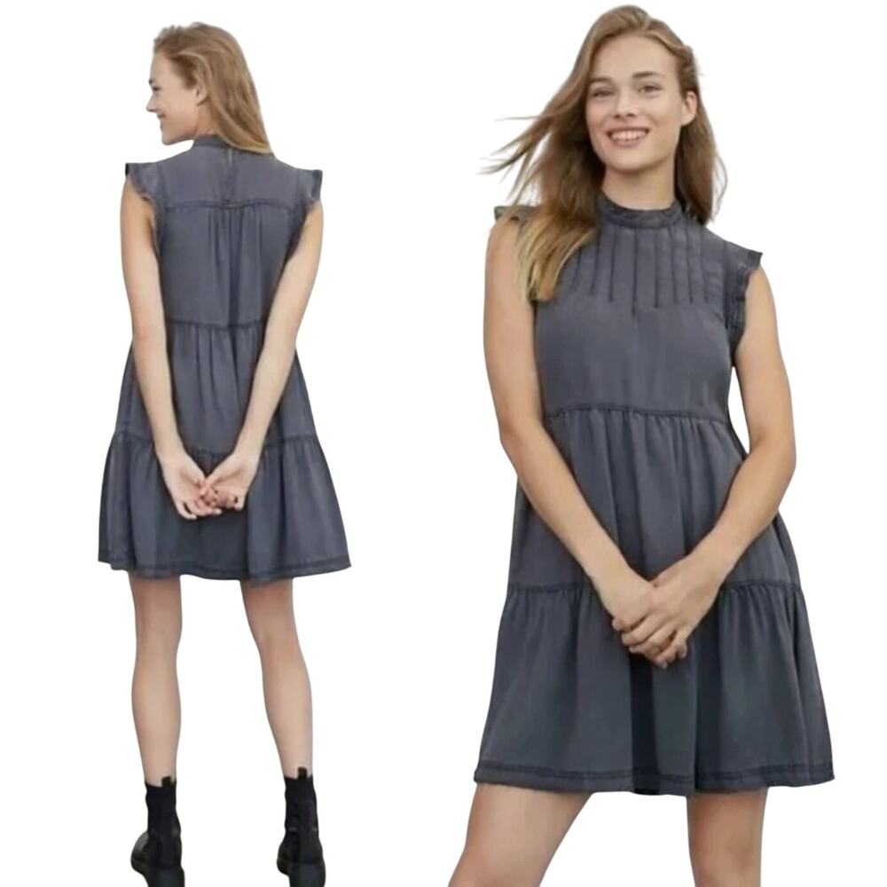 Anthropologie Dark Gray Jenee Tiered Tunic Dress Sz S Flutter Cap Sleeve Raw Hem